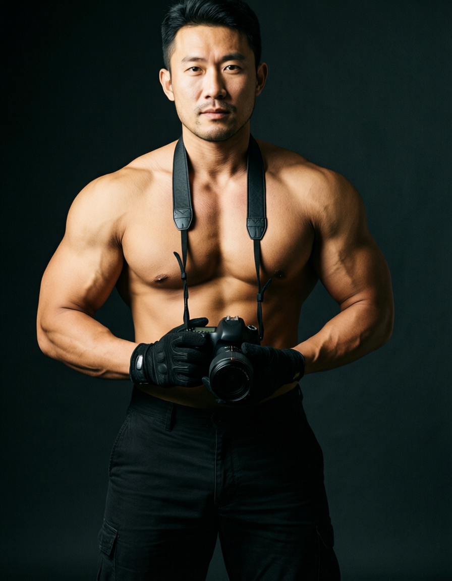 A handsome Asian man photographed in a photorealistic editorial style. He is shirtless with black pants, black gloves, and a black camera strap around his neck. The image has a vertical portrait orientation with an aspect ratio of 683:1024 on an 832x1216 canvas. The torso-only crop focuses sharply on the subject's upper body and face, highlighting thick muscular thighs. Dark background with focused lighting creates dramatic shadows and highlights around the chest and abs. No other people are visible in this image