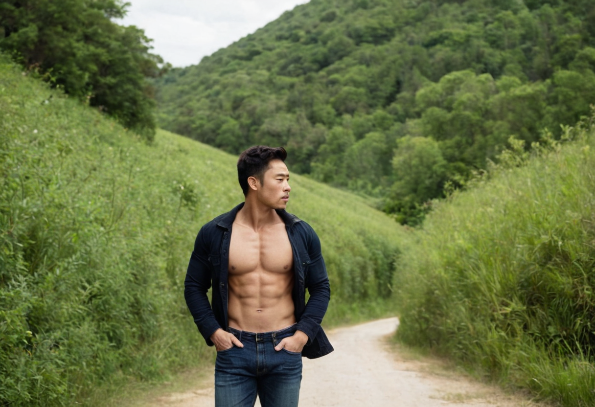 A muscular Chinese man with short beard and curly hair stands in a serene countryside, shirtless and wearing black jeans. A dark jacket hangs over his left shoulder as he gazes thoughtfully into the distance. The lush greenery and distant trees create a tranquil backdrop under bright daylight.. Scene and lighting from reference: 2 The two men appear to be lovers or close friends. They are standing in a narrow alleyway with their bodies angled towards each other, suggesting an intimate connection. - The first man is shirtless and wearing ripped jeans, striking a confident pose by leaning against the wall with his hands on his hips.
- The second man is also shirtless but wears jeans that have been torn at the knees. He has one hand in his pocket while looking up towards th, alternate camera angle, natural ambient light, candid editorial framing