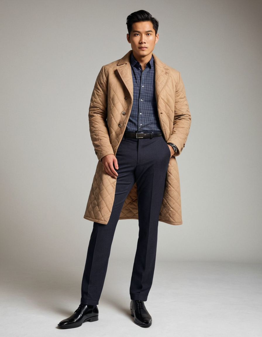 An Asian man posing full-body against a plain white background in soft dramatic lighting. He wears a long, textured overcoat and tailored trousers with polished black shoes, evoking the refined elegance of classical Western oil paintings. His posture is relaxed yet confident, standing straight with hands tucked into trouser pockets, emphasizing his muscular build and sculptural form.. Scene and lighting from reference: The reference image features a single male subject in a full-body shot against a plain white background. The lighting is soft and even, creating a neutral atmosphere with no strong shadows or highlights. The color palette is monochromatic, emphasizing black tones. The subject has a muscular build and is dressed in a layered outfit consisting of a quilted jacket over a plaid shirt, paired with dark jeans that are rolled up at the cuffs. He wears b