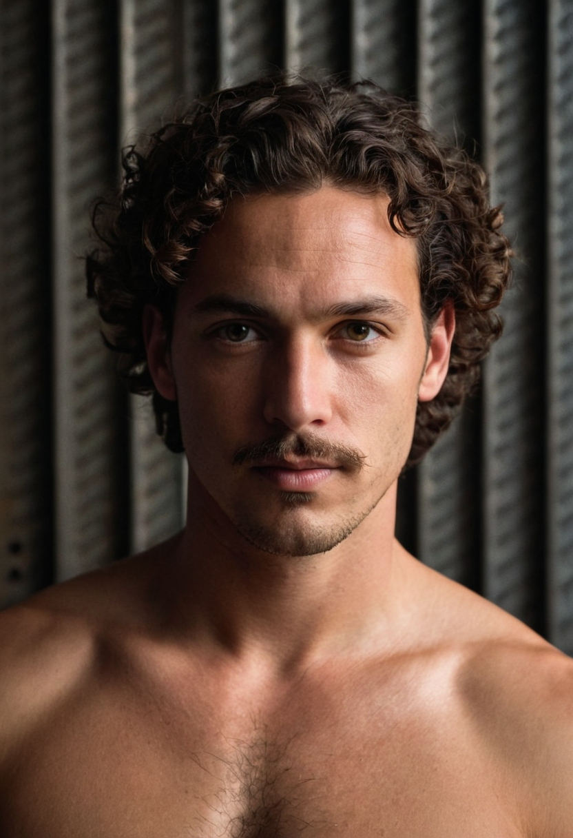 A shirtless man with curly dark hair, a mustache, and goatee stands confidently