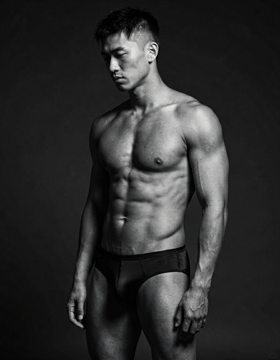 A handsome Asian man with medium-dark skin stands in a dramatic studio portrait, captured head-to-mid-thigh. He wears no shirt, displaying a muscular build with defined pectorals and abdominal definition against a dark seamless backdrop. His short dark hair features fade sides and a textured top; he is clean-shaven with neutral eyes slightly downcast. Standing in 3/4 profile facing left, his torso twists subtly toward the camera while arms relax at his sides. High-contrast chiaroscuro lighting from the right sculpts his form in monochrome black and white, creating an intense contemplative mood typical of fine-art editorial photography