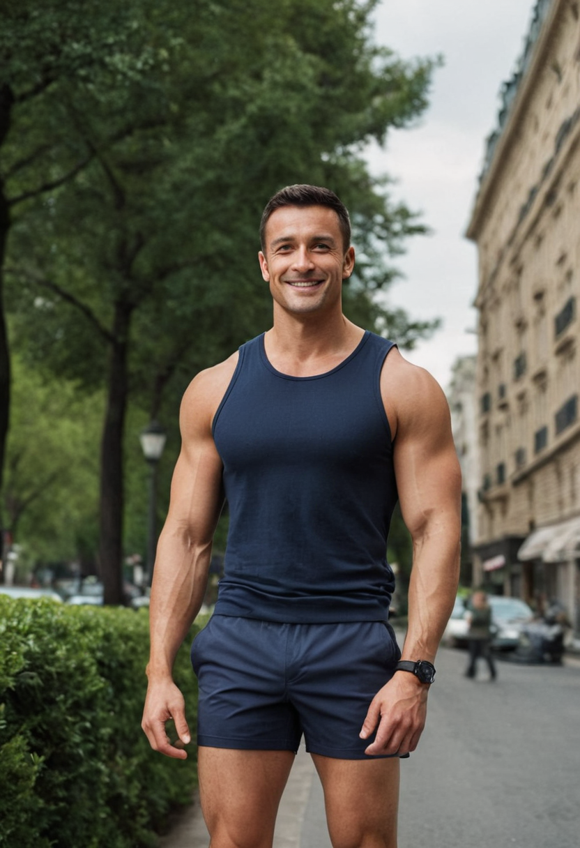 A handsome an anonymous figure man in dark athletic shorts stands confidently outdoors with lush trees and blurred background; soft natural light highlights his well-defined muscles and subtle film grain; the scene is serene yet vibrant, capturing a full body view from head to toe; composition captures legs and feet fully clothed; 832x1216 vertical portrait orientation. Scene and lighting from reference: The reference image showcases an an anonymous figure man with a muscular and athletic physique standing on a city street. The subject has short dark hair styled neatly and is smiling subtly at the camera. ### Environment & Background:
- **Setting:** A European-style urban environment, likely Paris given the architecture.
- **Details:** Buildings in the background have classic European facades with multiple windows. There are parked cars along the