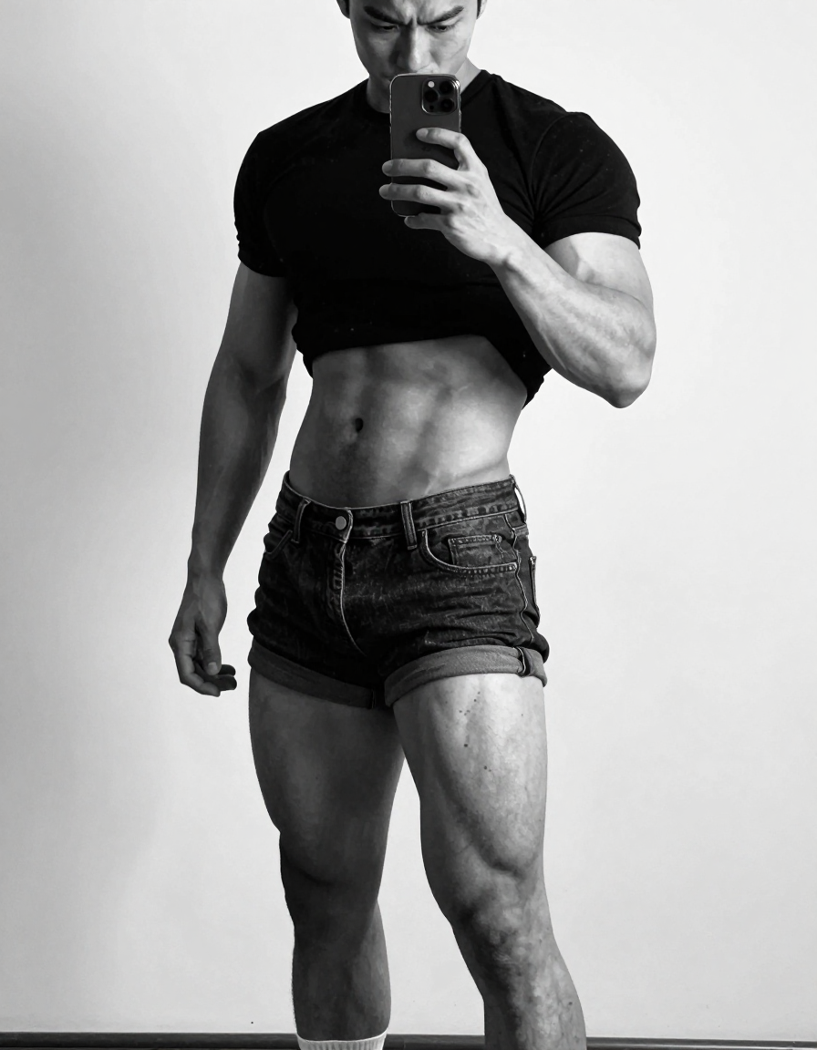 A an anonymous figure man with medium brown skin and thick brows stands in contrapposto pose against a neutral white background, his torso slightly turned towards the camera. He wears dark blue jeans that emphasize his muscular thighs and a fitted black t-shirt hugging his chest. The lighting is soft yet directional from above, casting deep shadows on his defined abs and broad shoulders. Tack-sharp focus throughout the image highlights the athletic build of this gymnast-lean man. Photorealistic black and white portrait with dramatic lighting