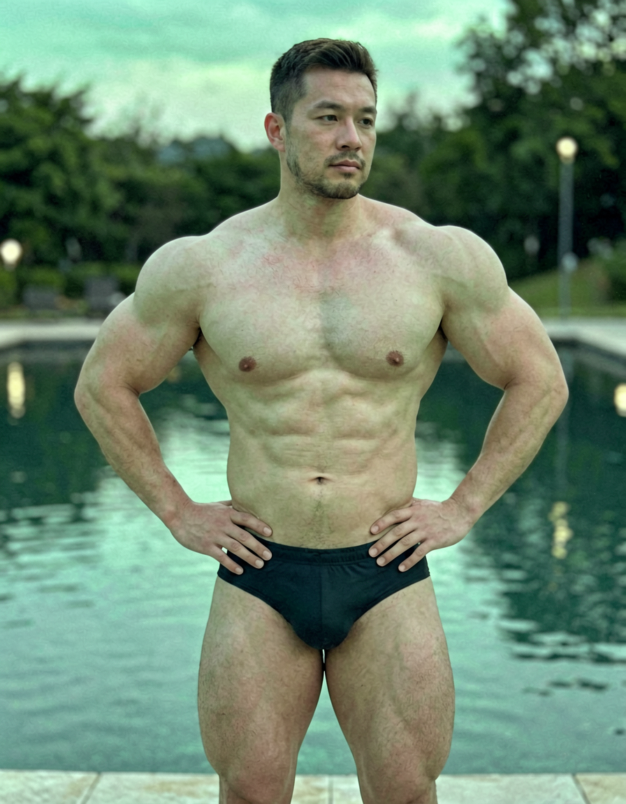 German man with fair skin and a strong brow ridge, shirtless, standing near a se