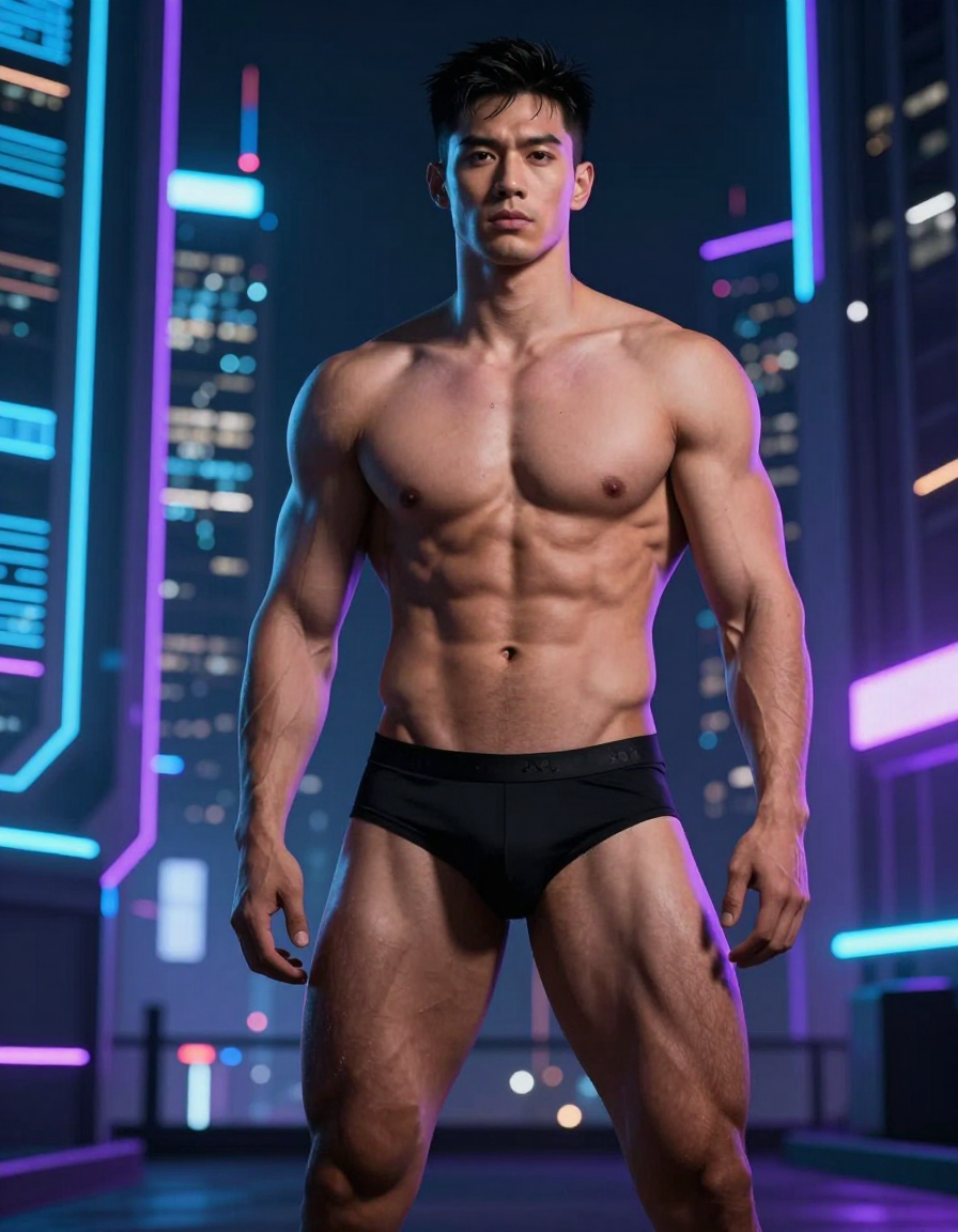 A handsome masculine man standing in a neon-lit cyberpunk cityscape with hologra