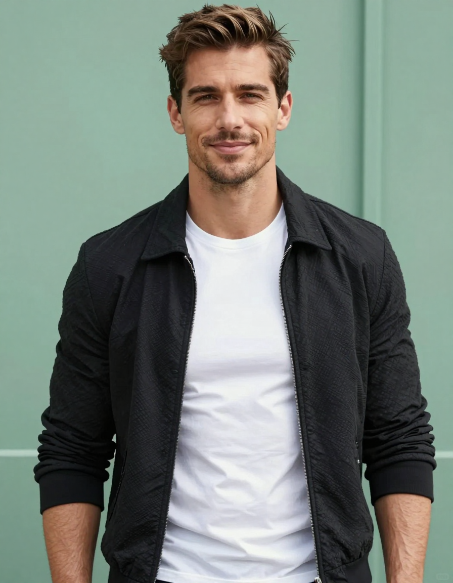 A handsome masculine man standing straight with a slight smile, wearing a black textured jacket over a white t-shirt. The image is a torso-only crop showing broad shoulders and defined abs. The background is a soft green wall under natural lighting, creating a casual yet authoritative atmosphere. The photo has a tack-sharp quality with subtle soft focus on the face and arms. The man's chest and arms are exposed, while he remains fully clothed otherwise