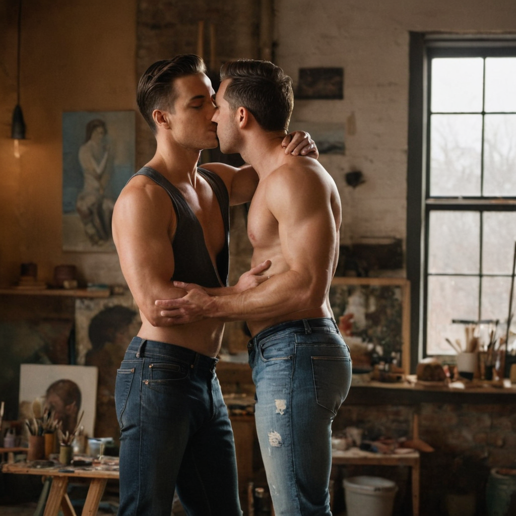 A shirtless man stands confidently in an artist's studio with a palette and brush. The background includes shelves filled with art materials, an easel set up next to a window, and various paintings hanging on the walls. Soft diffused light from large windows highlights his muscular physique, casting subtle shadows that emphasize his form. He wears paint-splattered jeans, adding to the artistic atmosphere. The scene is captured in high fashion editorial style with dramatic lighting, showcasing a confident and relaxed pose.. Scene and lighting from reference: 2 men Lovers or couple Embracing closely with their arms around each other. The first man has his arm around the second man's waist, while the second man has his hand on the first man's back. They are standing close together and appear to be in a romantic embrace.. Two adult men are in this image. They appear to be lovers or a couple, as they are embracing and kissing each other on the cheek. The man on the left has short dark hair and is wearing, alternate camera angle, natural ambient light, candid editorial framing