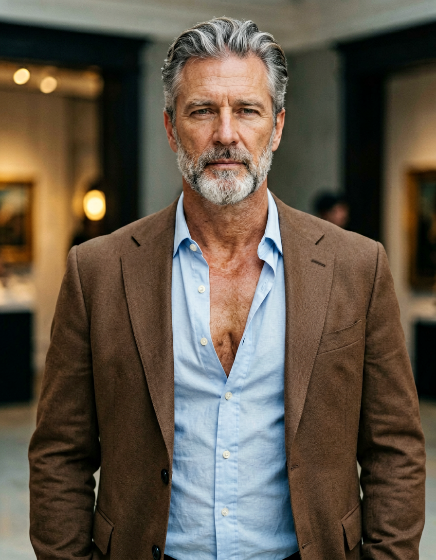 A handsome mature Caucasian man with salt-and-pepper swept-back hair and a trimmed gray beard stands centered in an upper chest portrait. He wears a brown tailored blazer open over a light blue button-down shirt unbuttoned to reveal his bare sternum, collarbone, and defined pectorals. His broad shoulders relax against dark architectural elements while warm bokeh lights glow softly on the left background. High-resolution editorial photography with shallow depth of field captures cinematic lighting that emphasizes skin texture and fabric weave in a refined indoor gallery setting., shot on iPhone 15 Pro main camera, authentic smartphone computational photography, natural Smart HDR and true-to-life skin texture, vertical 9:16 Xiaohongshu lifestyle feed, bright clean everyday scene, unretouched phone photo with subtle sensor grain, trendy Chinese internet 网红 aesthetic, candid influencer energy, wearing underwear or swim trunks, covered genitals, no frontal nudity