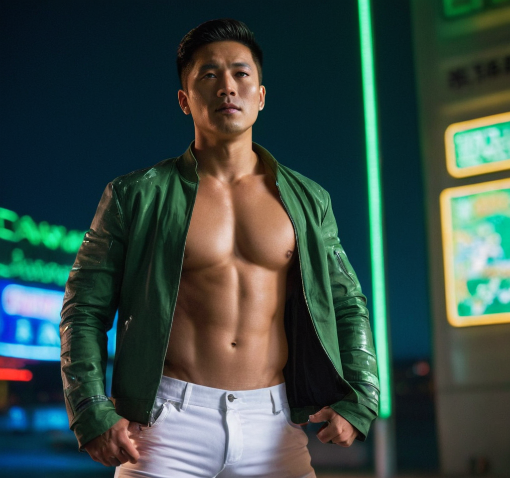 Asian man standing confidently in a futuristic cyberpunk setting, shirtless with defined abs and chest muscles visible through an unzipped black leather jacket, standing under dramatic neon blue and green lights casting long shadows on wet streets and reflective signs, rain-soaked urban environment with holographic advertisements flashing electric hues, dynamic full-body pose emphasizing muscular physique and sense of movement, cool metallic lighting creating glossy sheen on skin. Scene and lighting from reference: Single masculine subject standing on a boat with a scenic background of water and distant hills under clear blue skies. The lighting suggests late afternoon sunlight casting soft shadows. The color palette includes blues from the sea and sky, greens from the distant land, and neutral tones from the subject's clothing. The subject is shirtless, showcasing a muscular physique, wearing white shorts and an olive green jacket draped over one shoulder., alternate camera angle, natural ambient light, candid editorial framing