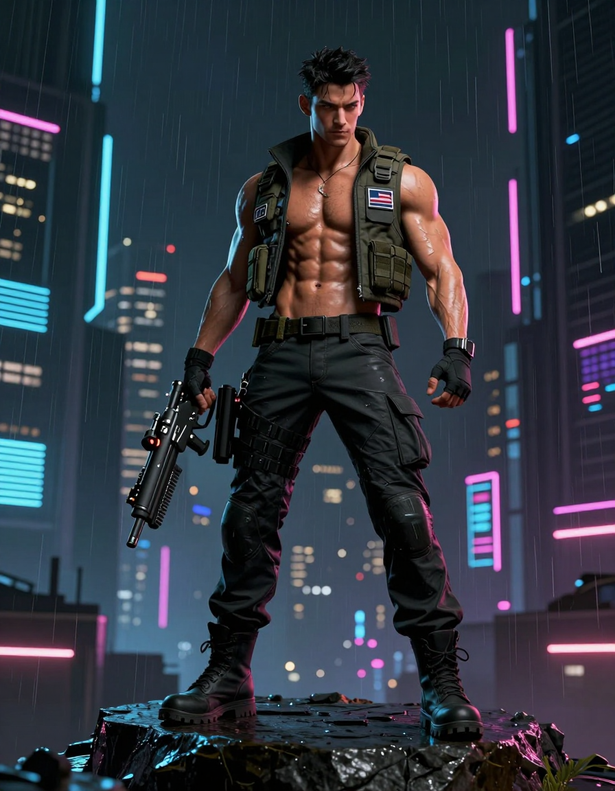 A handsome masculine man standing on a rocky pedestal with a futuristic weapon i