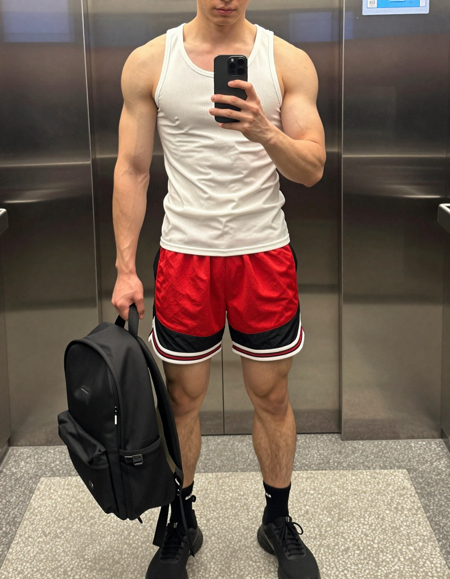 A handsome Asian man standing with his torso slightly leaned forward, holding a 