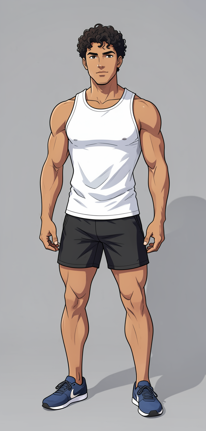freshly generated candid Xiaohongshu lifestyle photo, brand new full-body composition with a different pose, camera angle and background, both hands relaxed, not a mirror selfie, not a copy of any reference image, white sleeveless tank top (fully covering torso), black athletic shorts ending mid-thigh, broad shoulders, defined pectorals, thick thighs, muscular calves, authentic social-feed lifestyle mood, reference lighting and color treatment: anime illustration style, soft studio lighting on plain gray background, clean lines and smooth shading with stylized muscular anatomy, same aesthetic theme and photo feel as the reference but a different man in a different pose with distinct body proportions, Brazilian Latino man, warm olive skin, curly dark hair, compact athletic torso, a single uninterrupted photograph only, no written words or typography anywhere in frame, no captions, no app UI, no social-media post layout, no screenshot borders