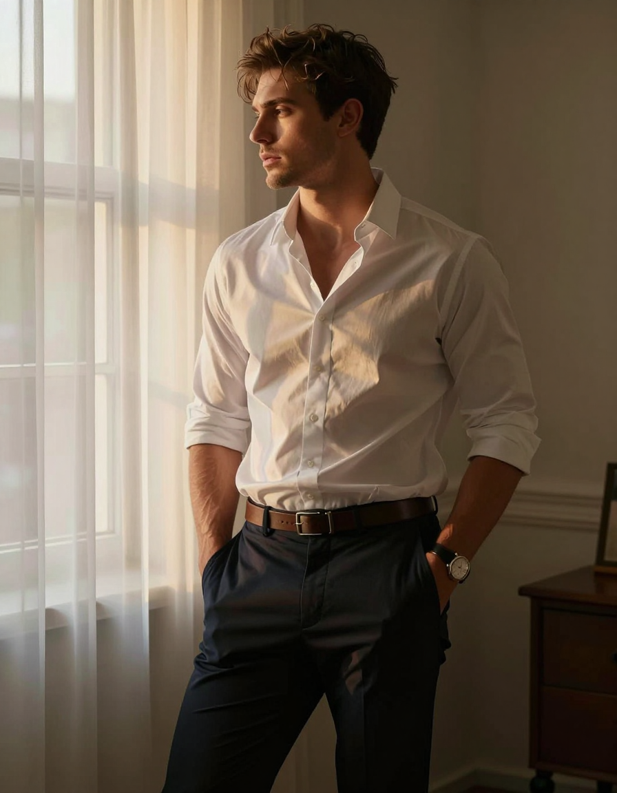 A handsome masculine man leaning against a window with hands in pockets, wearing