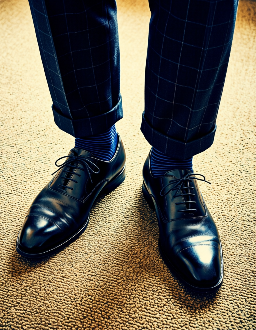 High-angle wall art close-up of a masculine man's lower legs and feet standing o