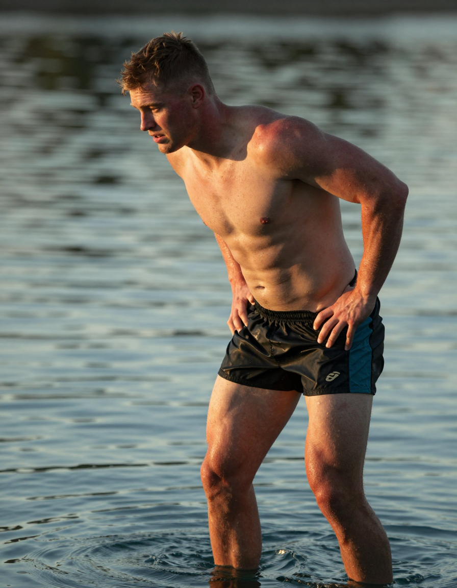 Irish man with pale skin and red undertones, shirtless near a serene pool at sunset, soft greenish-blue tinted natural light highlights his lean rugby build and muscular thighs, he leans slightly forward with one hand on hip, background is blurred and subtly textured