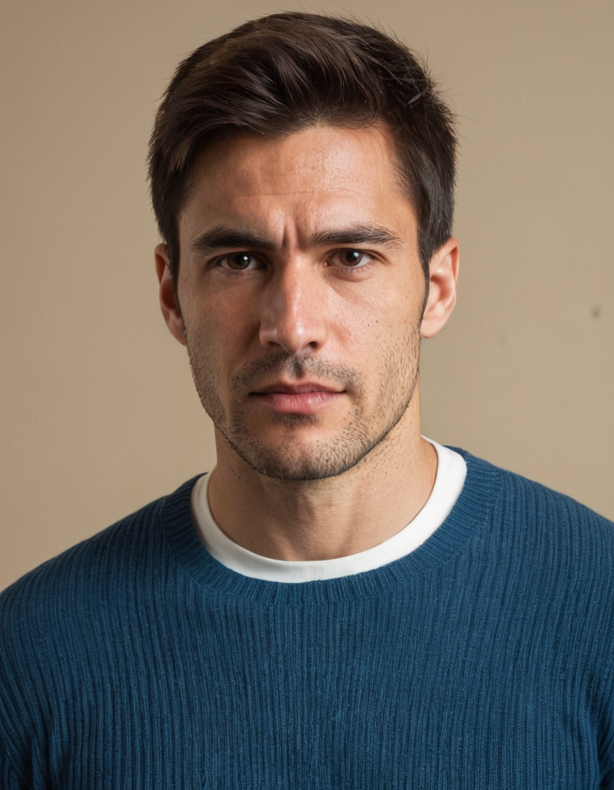 A handsome masculine man standing straight with head slightly tilted forward, wearing a blue ribbed sweater over a white t-shirt. He is fully clothed with no exposed skin, showcasing defined jawline and neck muscles. The image has a soft lighting on a textured beige/cream wall background, creating a calm and composed mood. Tack-sharp focus, capturing every detail of his structured appearance