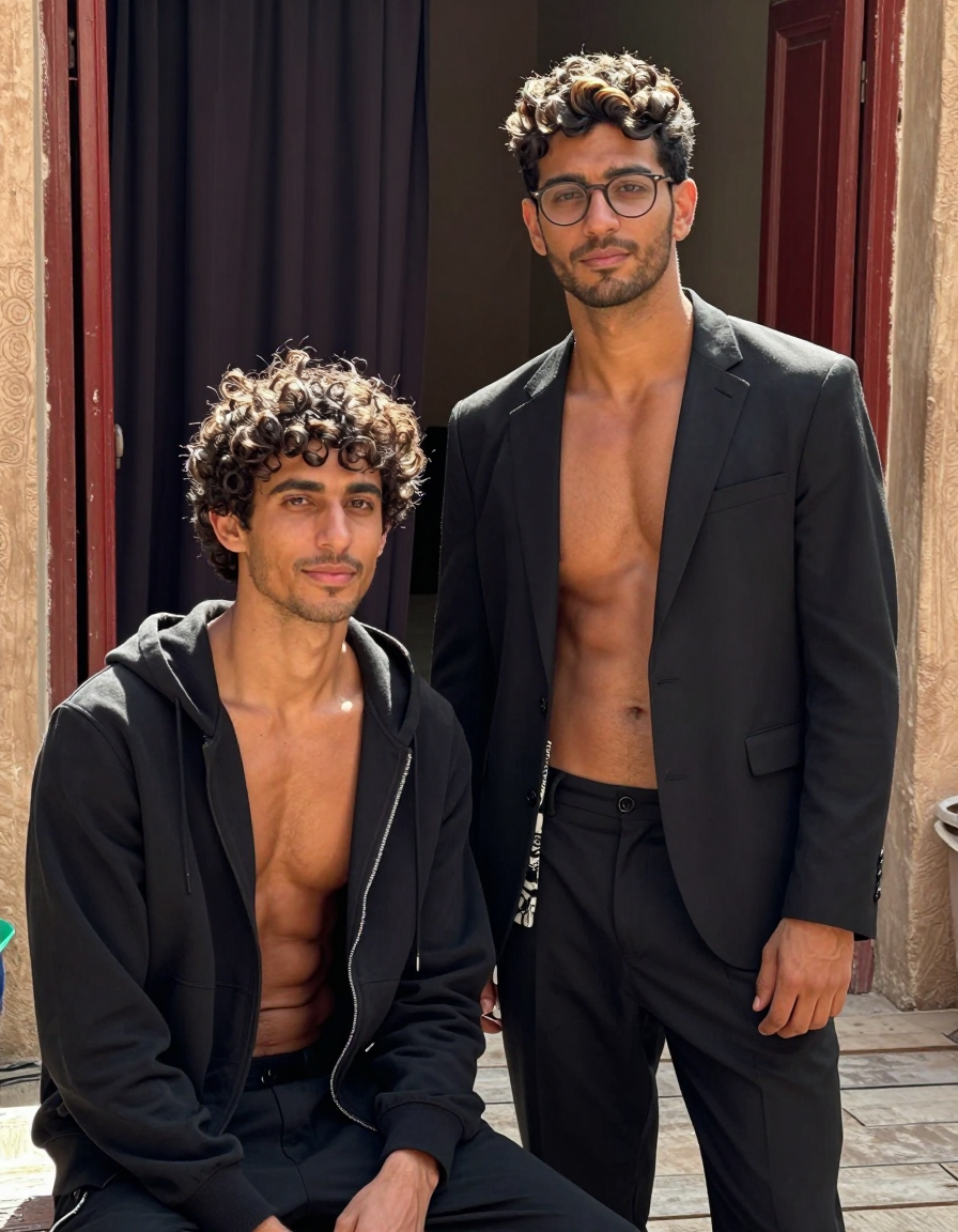 A Moroccan man with deep tan skin, dark curls, and defined abs stands in a sunli