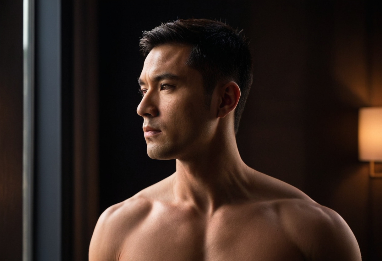 Asian man with short black hair, dark brown eyes, standing side profile against