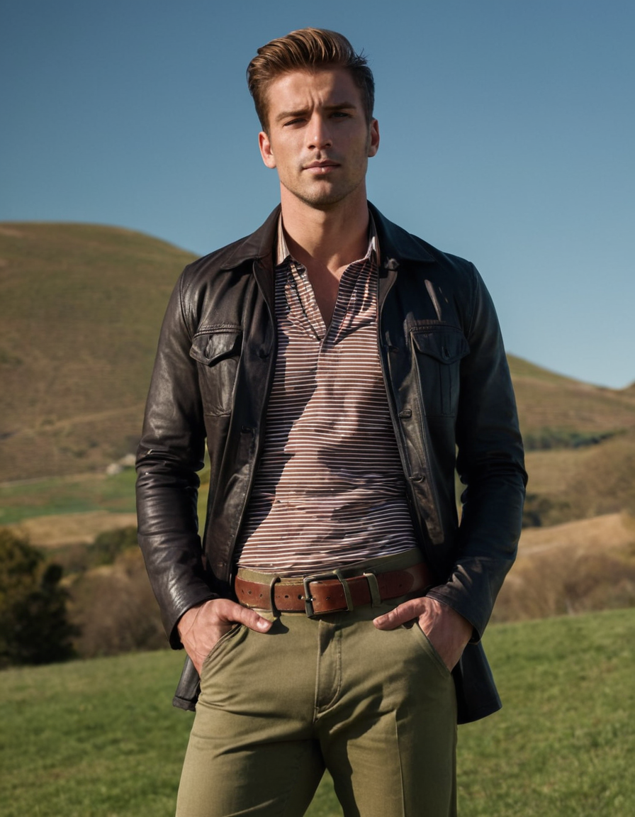 A handsome an anonymous figure man poses on a grassy hillside in late afternoon light, dressed in a striped shirt and olive green pants with a brown belt. His serious demeanor is highlighted by the natural setting, hands together at chest level. The background showcases rolling hills under a clear sky, soft shadows accentuating his defined muscles and athletic form. Camera captures full-body composition.. Scene and lighting from reference: The reference image showcases a handsome an anonymous figure man in a full-body shot against a stark black background. The subject stands confidently with his chest slightly forward and head held high, exuding an air of confidence and masculinity. **Clothing:** He is wearing a sleek leather jacket that accentuates his athletic physique. Underneath the jacket, he has no shirt on, revealing a toned torso adorned with subtle tattoos. His attire sugg, alternate camera angle, natural ambient light, candid editorial framing