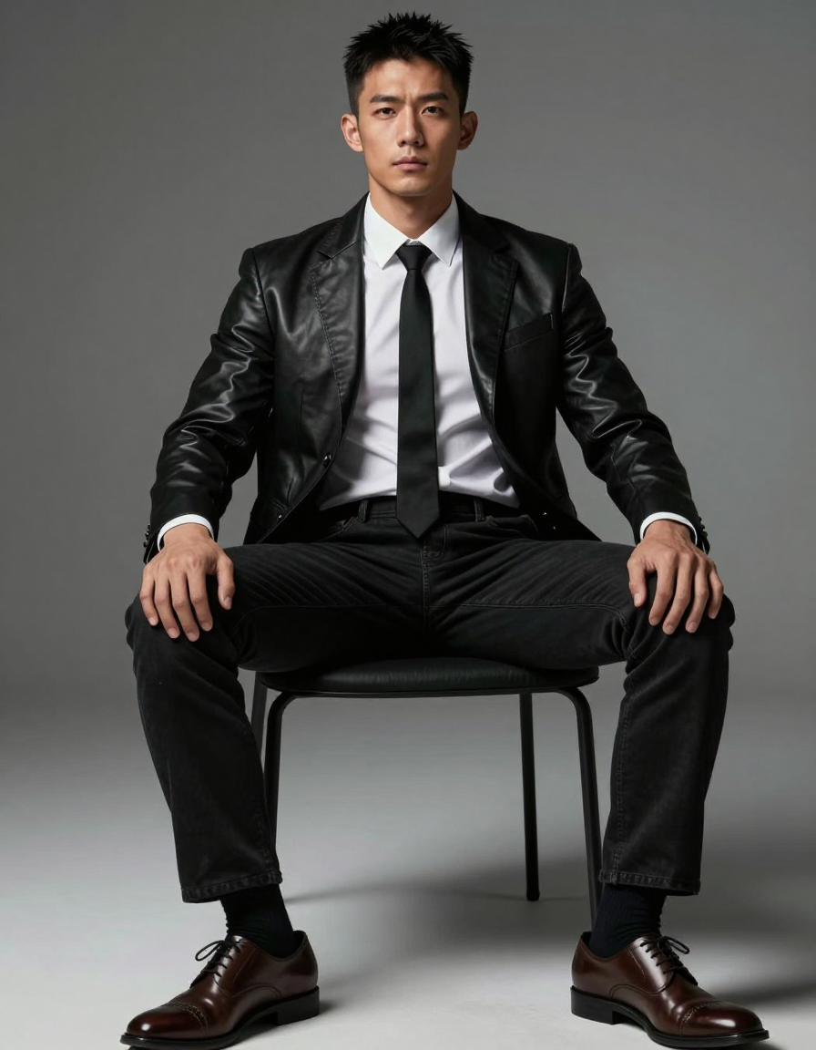 A Chinese man with light tan skin and high cheekbones is seated confidently on a