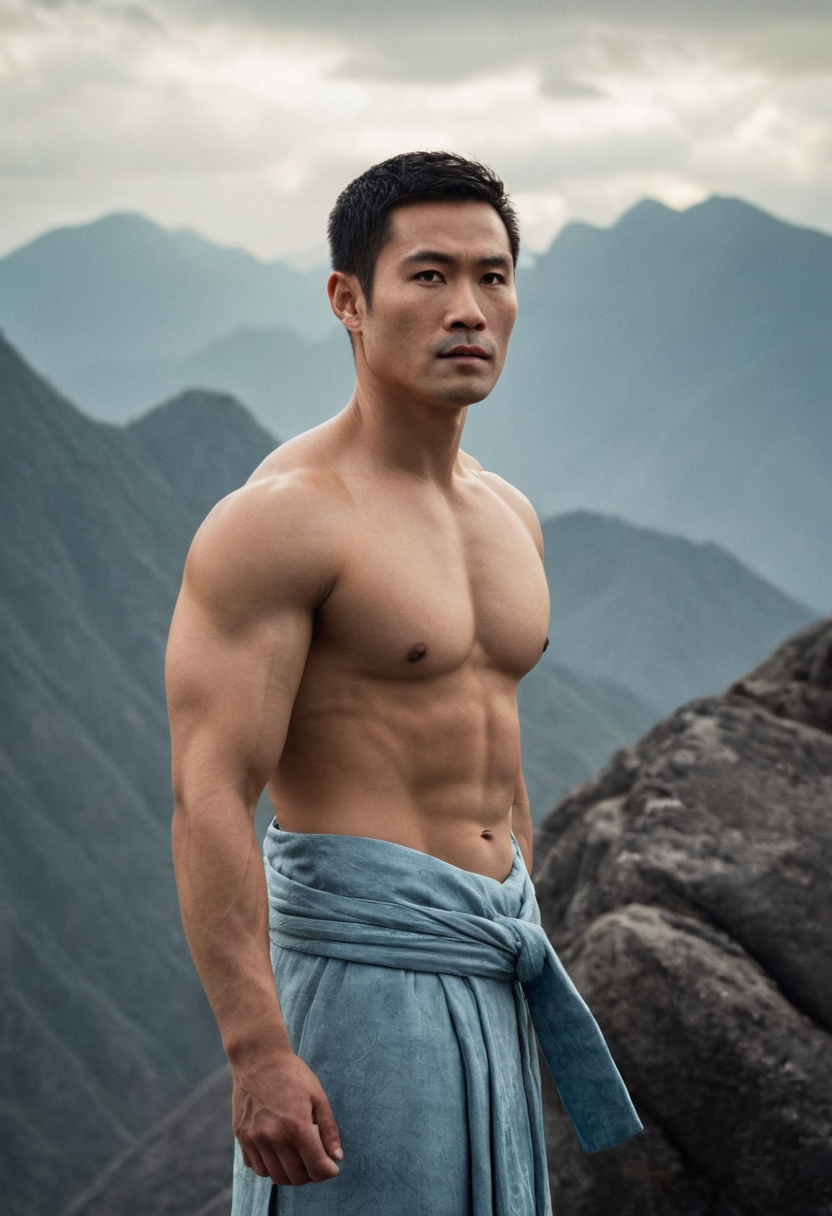 A muscular Asian man in elegant Chinese robes standing against a backdrop of misty ink wash mountains, his serious expression and confident pose adding to the overall elegance; soft diffused light highlights the intricate details of the robe patterns and emphasizes the natural curves of his physique. Scene and lighting from reference: The reference image depicts a shirtless man with a muscular build and short dark hair, standing against a plain wall that appears slightly damp, suggesting he may have just emerged from water. The lighting is soft yet dramatic, casting subtle shadows across his body and highlighting his physique. His expression is serious or contemplative. ### Environment & Background:
The background is simple—a plain, textured wall with a cool blue tone. This mi, alternate camera angle, natural ambient light, candid editorial framing