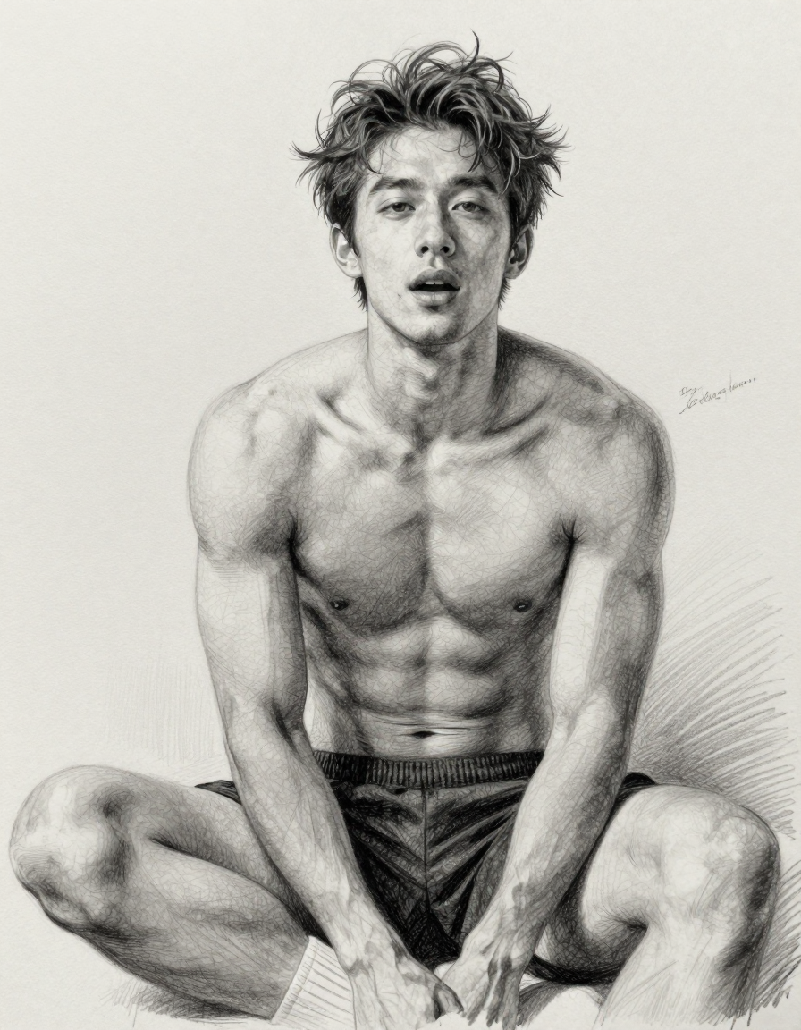 pencil sketch of a handsome masculine man with tousled hair, shirtless, head til