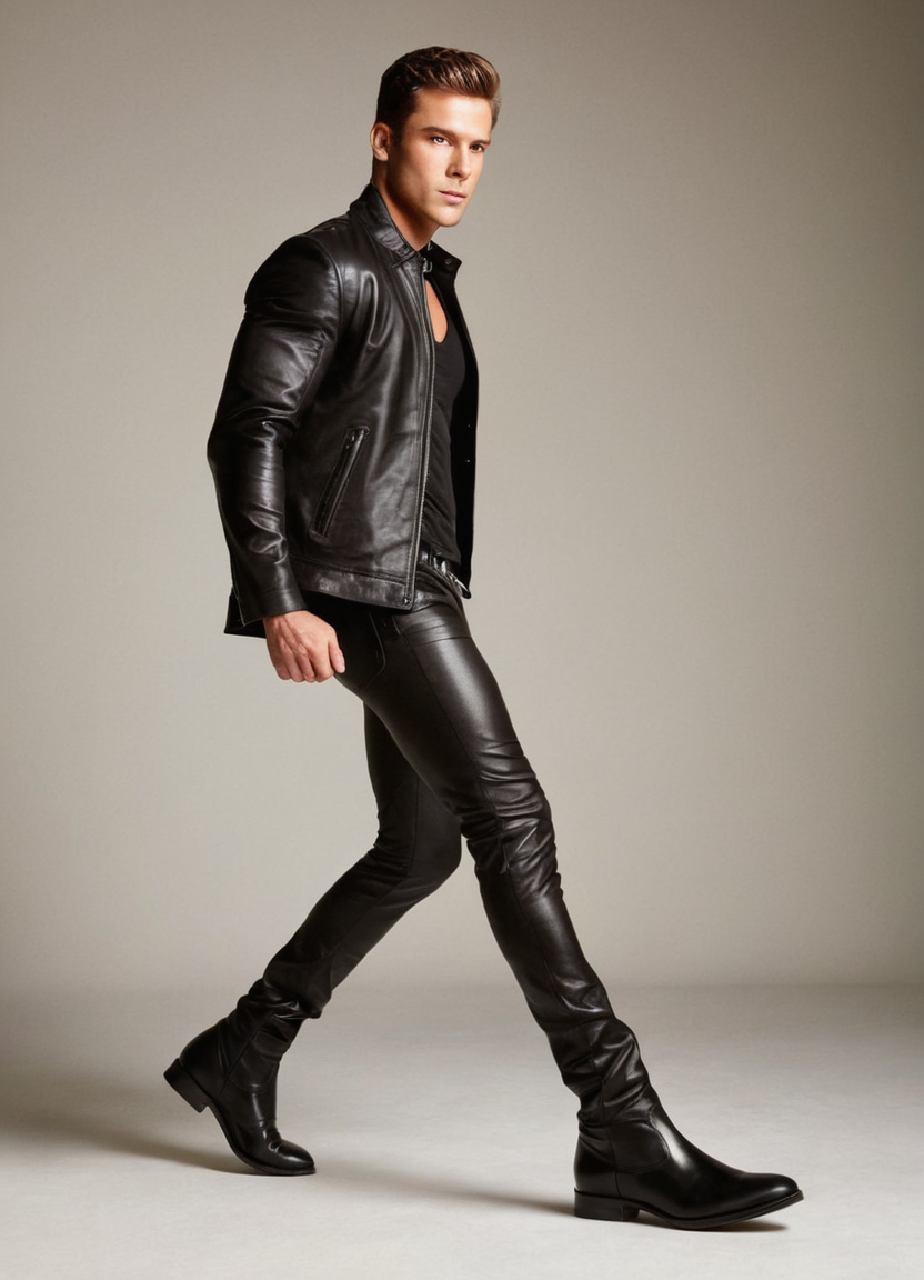 A young adult male with a well-defined athletic build poses confidently in an upscale studio setting, showcasing full-body composition. He is dressed in formal leather pants and an embellished black jacket, with glossy boots that reflect the sophisticated lighting. The subject's neutral eyes and confident expression highlight his masculine charm. Dramatic lighting from a side angle creates strong shadows and highlights his muscular torso, arms, and legs. A minimalist white background contrasts sharply with the rich tones of the leather and skin. Warm, golden light adds depth to the image.. Scene and lighting from reference: The reference image showcases a full-body shot of a handsome male subject in an editorial fashion setting. The subject is captured mid-jump with one leg extended forward and hands adjusting his coat, creating a dynamic and sensual pose that emphasizes athleticism and confidence. **Environment & Background:** The background is a plain, light neutral color, likely off-white or beige, which helps to keep the focus on the subject without distraction., alternate camera angle, natural ambient light, candid editorial framing