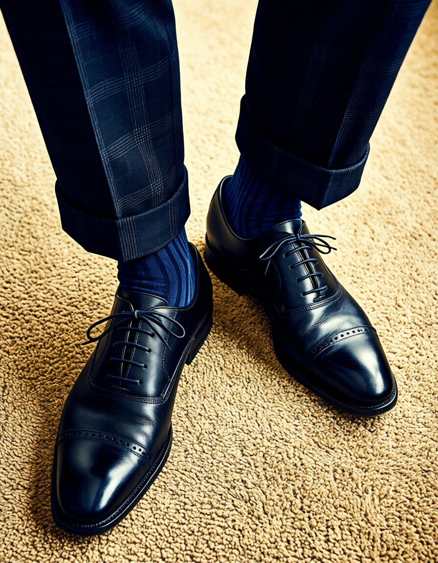 High-angle wall art close-up of a masculine man's lower legs and feet standing o