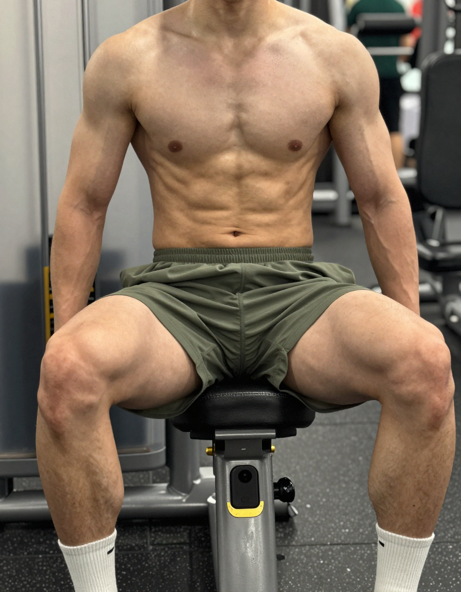 Photoreal photograph of a shirtless man seated on a gym machine with his torso l
