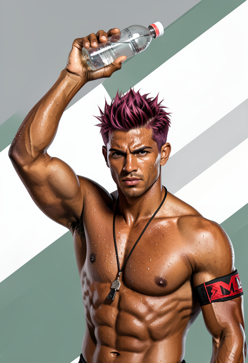 A striking medium-brown skinned man with short spiky reddish-purple hair and swe