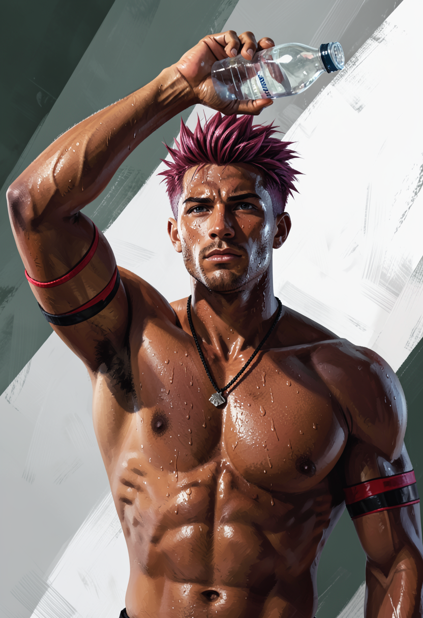 A handsome medium-brown skinned man with short spiky reddish-purple hair and swe