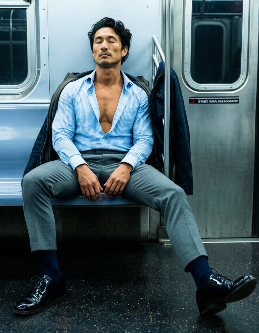An Asian man with light-medium skin and short black hair styled back sits on a subway bench, eyes closed in repose. He wears an unbuttoned light blue pinstriped shirt exposing his chest, grey tailored trousers, dark navy socks, and black patent leather shoes. His lean build shows defined collarbones as he rests hands on thighs with legs spread left knee raised right extended. A jacket drapes beside him against metallic subway walls under cool ambient lighting., same aesthetic theme and photo feel as the reference but a different man in a different pose with distinct body proportions, Mediterranean Italian man, olive skin, wavy dark hair, lean surfer body, a single uninterrupted photograph only, no written words or typography anywhere in frame, no captions, no app UI, no social-media post layout, no screenshot borders