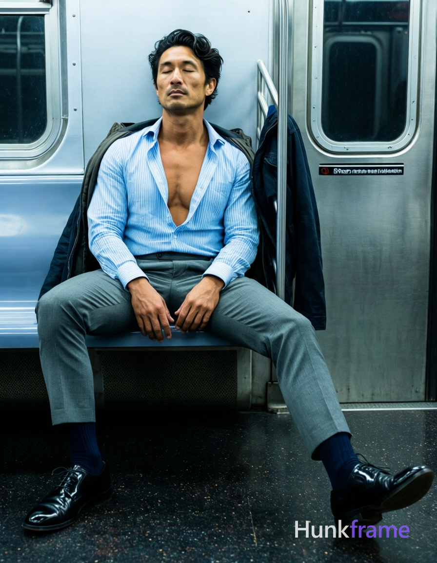 An Asian man with light-medium skin and short black hair styled back sits on a s