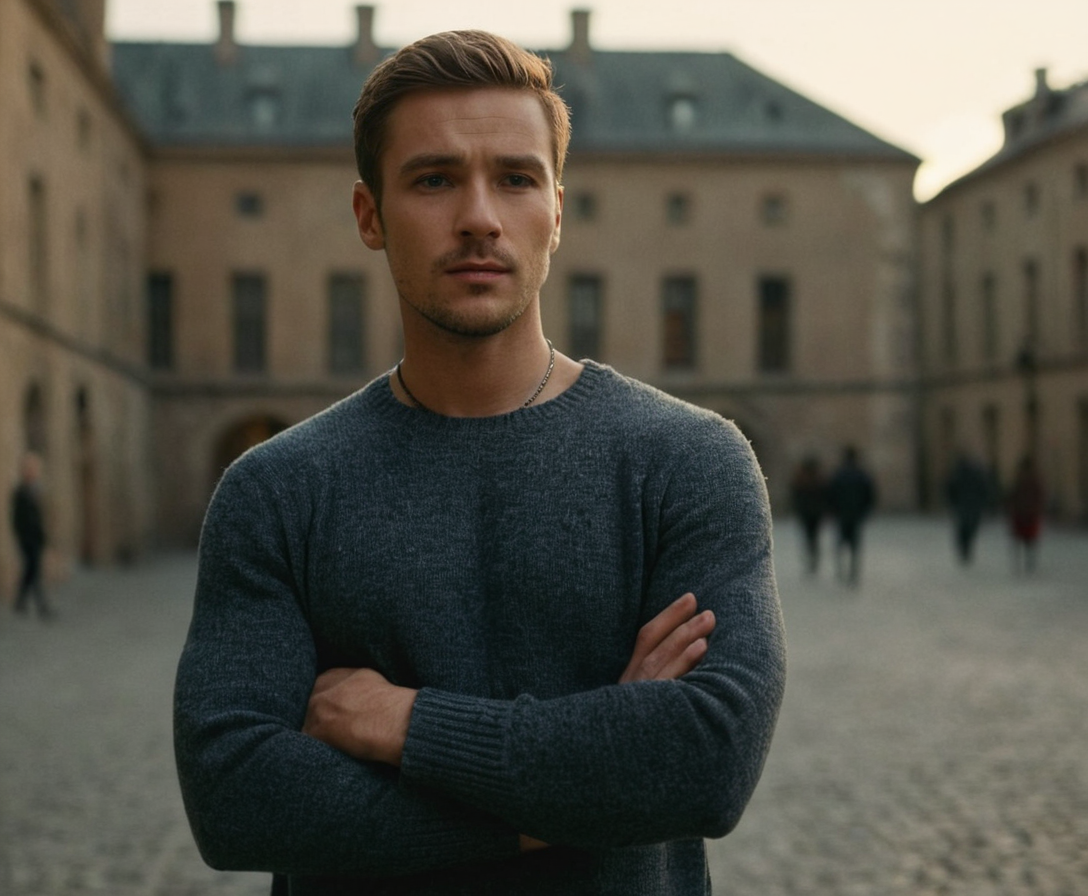 A Slavic man with pale skin and ash blond stubble stands in a dimly lit, cobblestone courtyard of an old European building during twilight. He has short, straight hair and is dressed casually in dark jeans and a light sweater, showing off his tall athletic frame through the layered outfit. The soft evening lighting creates subtle shadows over his muscular shoulders and arms, enhancing the romantic yet introspective mood of the scene. Background elements include ivy-covered walls and faint street lights in the distance, adding to the atmospheric feel of an old city at dusk. Photoreal photography capturing a masculine editorial portrait.. Scene and lighting from reference: Art medium: Photoreal photograph Subject: A muscular male figure with short hair and a beard, wearing an elaborate necklace made of pearls. The subject has a confident expression and is posing with his arms crossed over his chest. Pose: Full body, head to toe, showing the subject's muscular physique from shoulders down to feet. His hands are positioned on his chest in a confident stance. Body type: Muscular and athletic build. Clothing: Only the, 人种: African-American; 画幅比例: 5:4 aspect ratio, horizontal landscape orientation, 1088x896 canvas