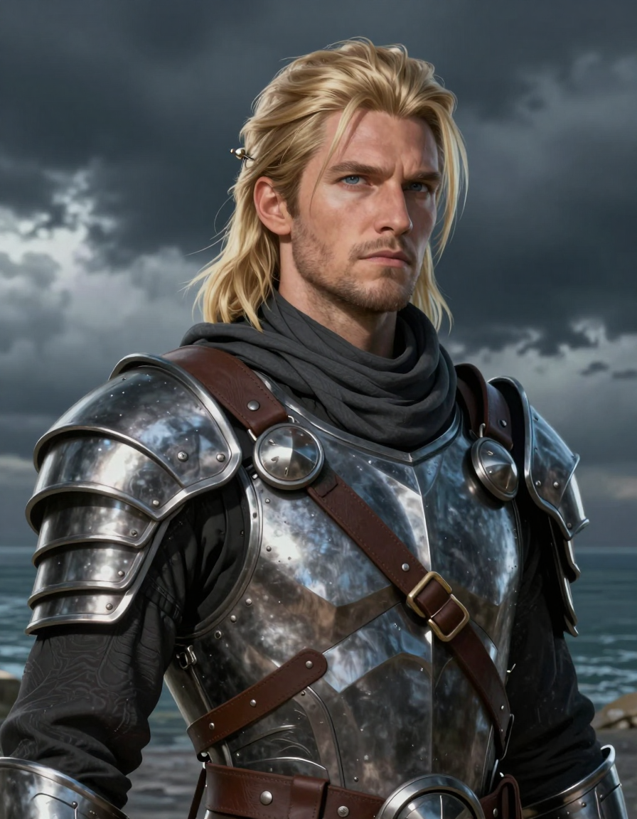 A high-detail digital illustration of a handsome Caucasian man with fair skin and shoulder-length blonde hair swept to the side, secured by a small metallic pin. He has light stubble and maintains a serious expression while gazing directly at the viewer in an upper-body portrait facing slightly right. His arms are cropped out of frame; he wears dark metallic segmented armor plating on his chest and shoulders with broad defined collarbones, accented by a brown leather strap crossing diagonally from left shoulder to hip and a dark grey scarf wrapped around his neck. The background features a dramatic stormy sky over distant water under cool blue-grey ambient light that highlights the armor edges., a single uninterrupted photograph only, no written words or typography anywhere in frame, no captions, no app UI, no social-media post layout, no screenshot borders
