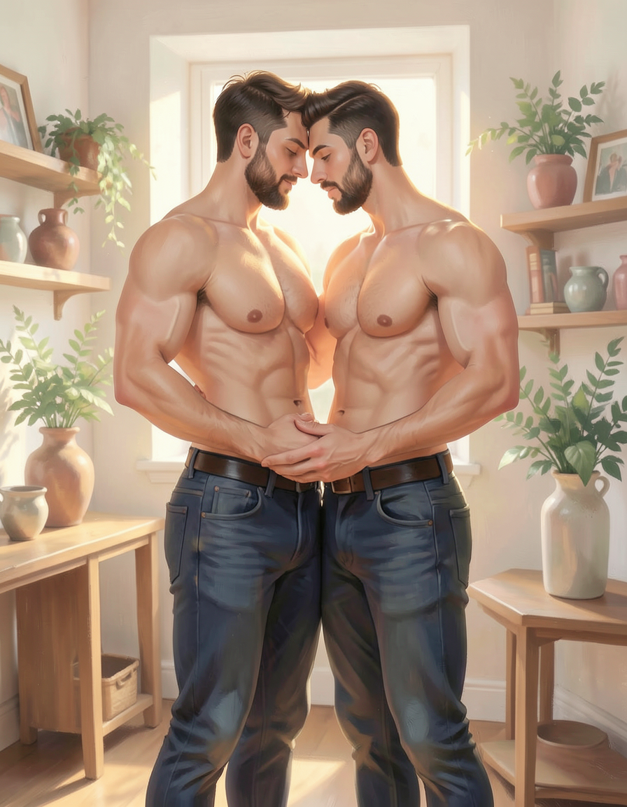 digital painting of a romantic gay couple, full body crop with both men standing and embracing, bare chested with thick muscular thighs, heads close together, each hand on the other's waist, soft focus throughout, warm golden hour lighting, ethereal dreamy atmosphere, earthy tones and pastel hues palette, indoor setting possibly in a gallery or home environment with decorative items like shelves and vases of greenery, 1024x1024 square composition