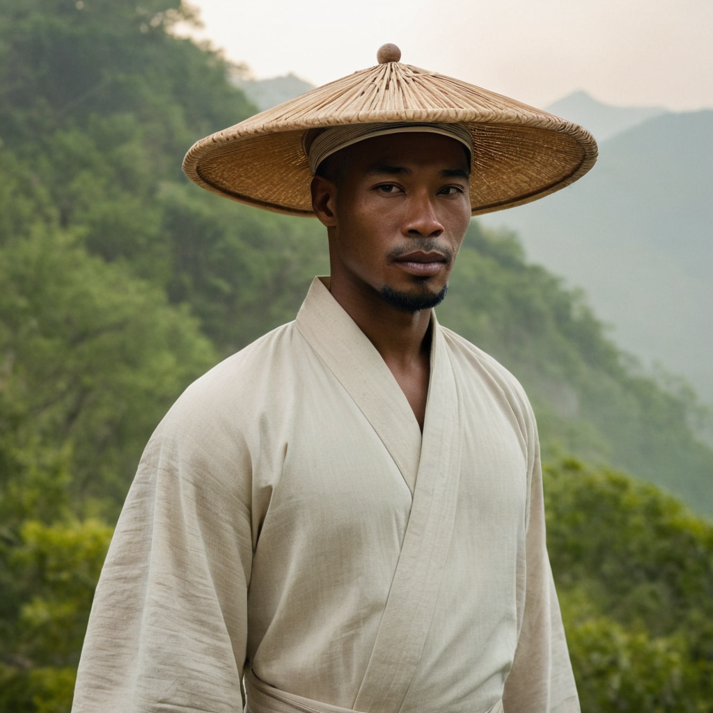 A muscular African-descended man in a flowing Chinese-inspired robe stands gracefully against misty mountains, his wide-brimmed hat adding to the elegant aesthetic. The soft diffused light enhances the ink-wash palette of the background, creating a serene and contemplative mood. Stone structures visible in the distance add depth and historical context to the scene.. Scene and lighting from reference: The reference image shows a single masculine male subject in an outdoor setting with natural light filtering through trees. The background consists of green foliage and branches, creating a serene and slightly misty atmosphere typical of a Chinese aesthetic landscape. **Lighting:** Natural daylight illuminates the scene evenly, highlighting the subject's muscular physique without harsh shadows or overly bright highlights. **an anonymous figure:**, alternate camera angle, natural ambient light, candid editorial framing