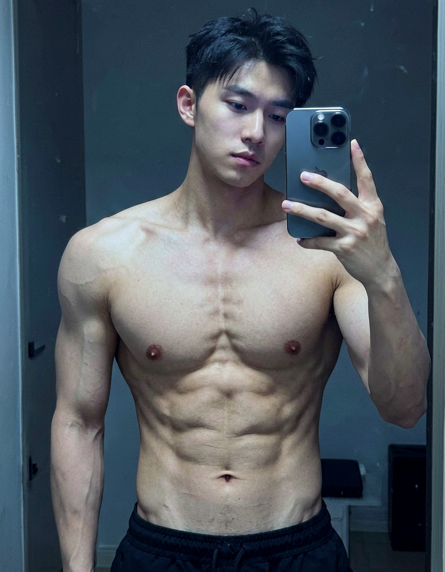 A handsome masculine man standing with a slight lean forward, shirtless, with de