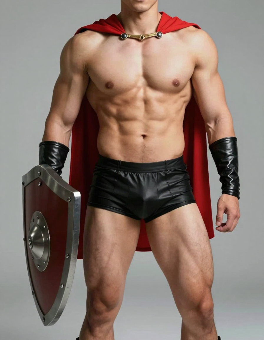 Photoreal photograph of a handsome masculine man standing with one hand on a shield, torso slightly angled to the side. He is shirtless with black leather-like shorts and a red cape draped over his shoulders. The image focuses on his defined abs and thick muscular thighs against a muted gray background. Vertical portrait orientation, tack-sharp quality with soft lighting, romantic aesthetic