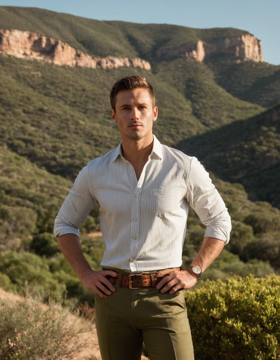 An athletic an anonymous figure man standing outdoors during late afternoon, sun casting warm shadows on his natural skin tone. He is dressed in a striped button-up shirt and olive green pants with a brown belt, hands together at chest level. The background features lush greenery and distant hills under a clear sky with soft golden light. Camera captures full-body shot emphasizing symmetry and posture.. Scene and lighting from reference: The reference image features a handsome an anonymous figure man in an outdoor setting during what appears to be late afternoon or early evening, judging by the warm lighting and soft shadows. The subject has a muscular yet lean physique with defined shoulders and arms, suggesting athletic fitness. He is dressed in a crisp white button-down shirt with vertical stripes, paired with olive green chinos and a brown belt. His pose is relaxed but confid, alternate camera angle, natural ambient light, candid editorial framing