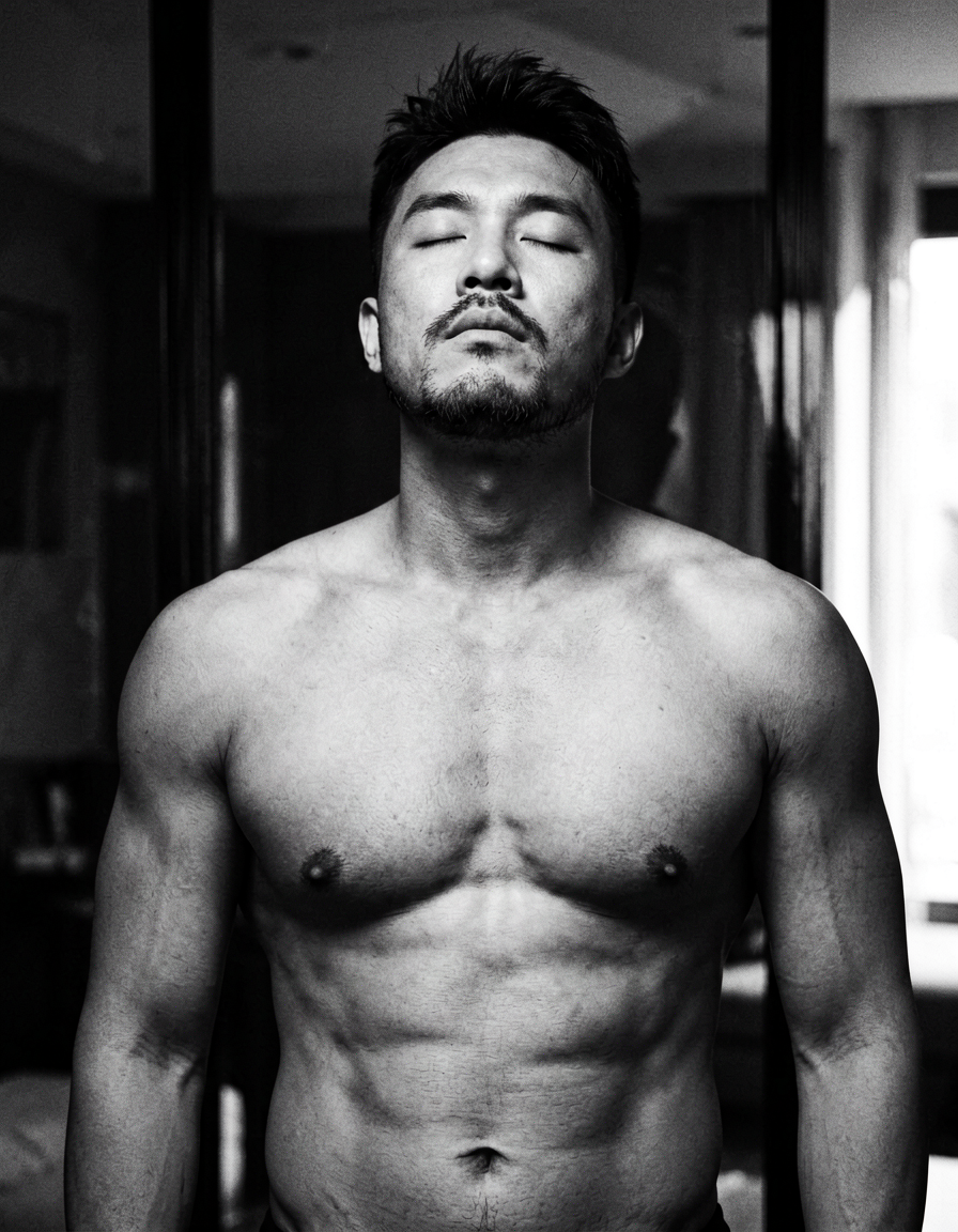 An Asian man with medium-dark skin and a dark, short hairstyle styled upward stands shirtless in an upper-body close-up. He has defined pectorals, visible abdominal definition, broad shoulders, and facial hair including a goatee on the chin and mustache. His eyes are closed or nearly closed with a neutral to contemplative mouth while his head tilts slightly upward and back, gazing away from the camera. The setting is an indoor space with a dark background featuring subtle vertical lines suggesting glass panes. High-contrast chiaroscuro lighting strikes strongly from the right side of the frame against monochrome black-and-white tones. Grainy film texture overlays soft focus on the indistinct background while shallow depth of field centers him filling most of the portrait composition