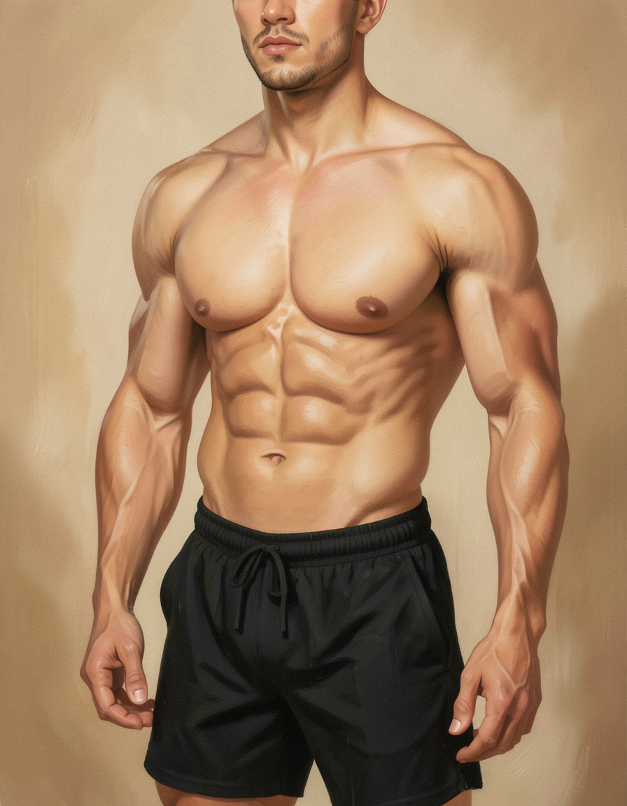 a handsome masculine male with a compact athletic build standing front-facing an