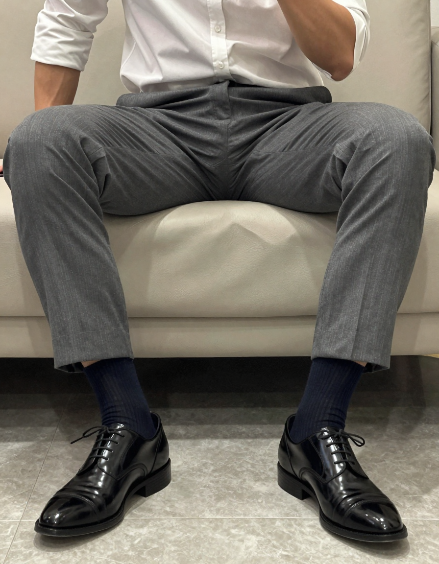 Photoreal photograph of a seated man in a torso-only crop. He is wearing gray su