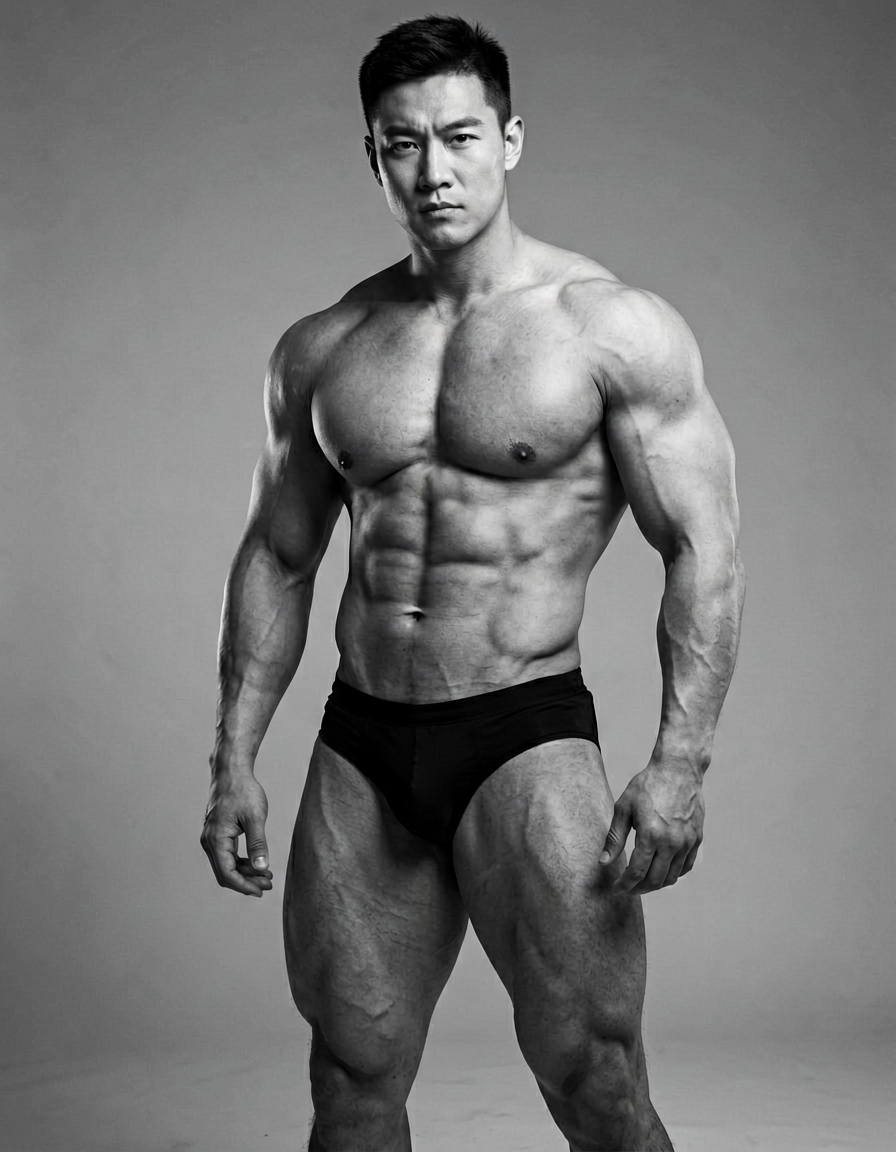A black and white photorealistic portrait of a muscular male standing with his t