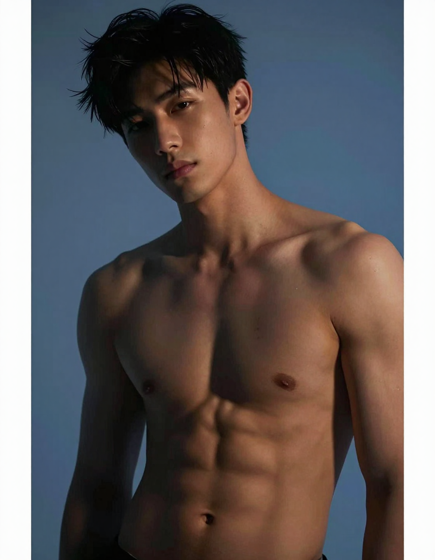 A handsome masculine male standing with his head slightly tilted to the side, sh