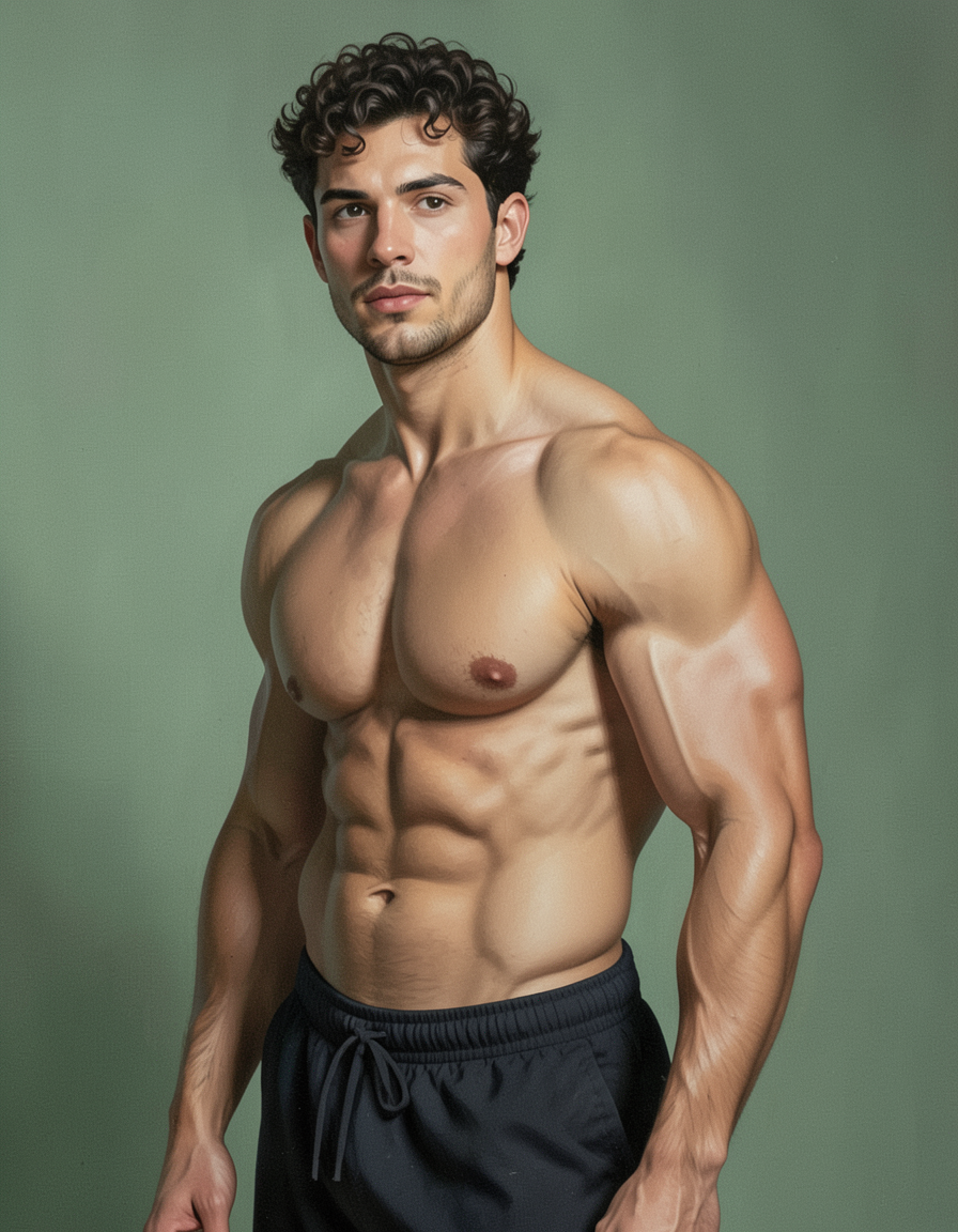 A digital painting of a shirtless man with a muscular torso leaning slightly to 