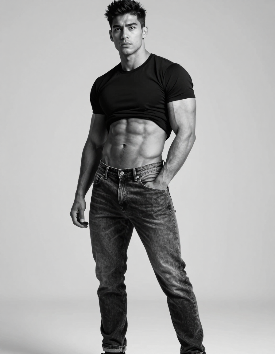 A an anonymous figure man with medium brown skin and thick brows stands in contrapposto pose against a neutral white background, his torso slightly turned towards the camera. He wears dark blue jeans that emphasize his muscular thighs and a fitted black t-shirt hugging his chest. The lighting is soft yet directional from above, casting deep shadows on his defined abs and broad shoulders. Tack-sharp focus throughout the image highlights the athletic build of this gymnast-lean man. Photorealistic black and white portrait with dramatic lighting