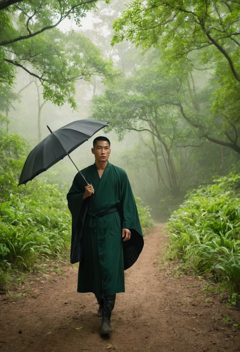 An athletic Asian man standing amidst a lush greenery, holding an umbrella and wearing a black flowing robe. The light is soft and warm, filtering through the leaves to highlight his defined muscles and serious expression. In the background, distant mountains are shrouded in mist, creating an ethereal atmosphere that complements the serene setting.. Scene and lighting from reference: The reference image showcases a shirtless man riding a horse in what appears to be a lush, green forest setting. The lighting is natural and bright, suggesting it's daytime with sunlight filtering through the trees. The color palette is dominated by greens from the foliage and earthy tones from the horse and rider’s attire. ### Environment & Background:
The background consists of dense, verdant trees that create a serene and secluded atmosphere. , alternate camera angle, natural ambient light, candid editorial framing