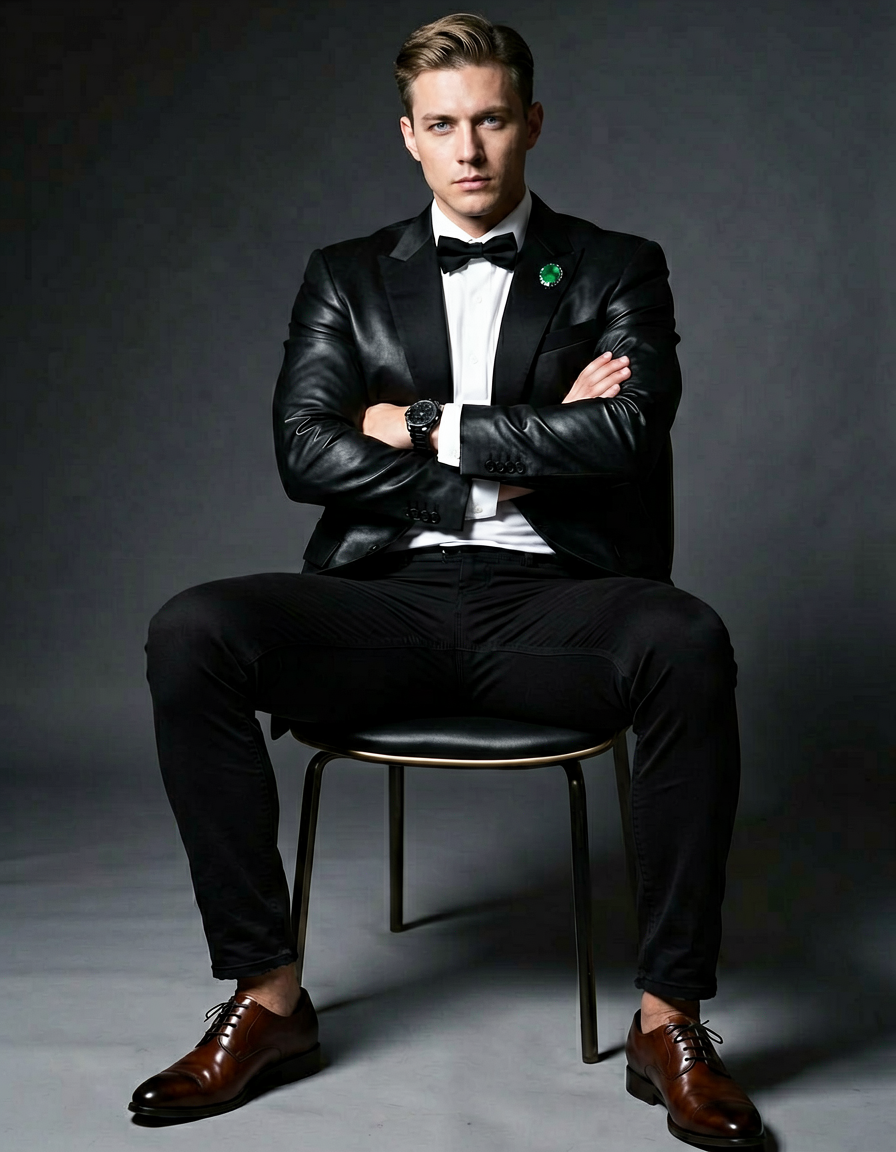 A Scandinavian man with very fair skin and ice blue eyes is seated on a modern chair, leaning slightly back. He wears a black leather jacket over a white t-shirt, fitted black jeans, and polished brown dress shoes. The background features deep shadows emphasizing his broad shoulders and lean waist in soft grays and high-contrast lighting