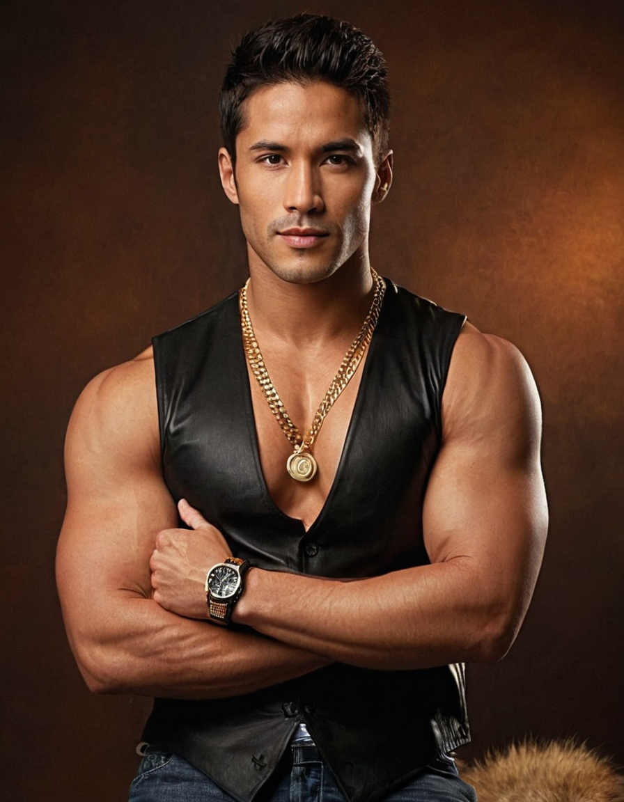 shirtless man with muscular build, arms crossed over chest, hand resting on fur collar, head slightly tilted forward, broad shoulders, defined abs, wearing black fur vest, gold watch and necklace, ring on left hand, seated pose, torso crop, soft warm lighting, dark background, romantic aesthetic, tack-sharp image quality, vertical portrait orientation, 896x1152 canvas